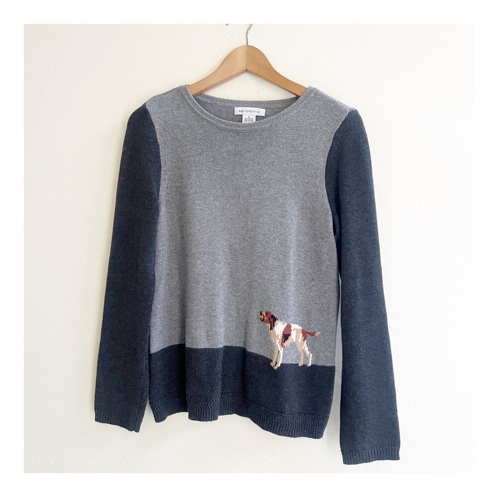 Liz Claiborne Sweater Womens Small Gray Hunting Dog Chunky Knit Long Sleeve Cozy